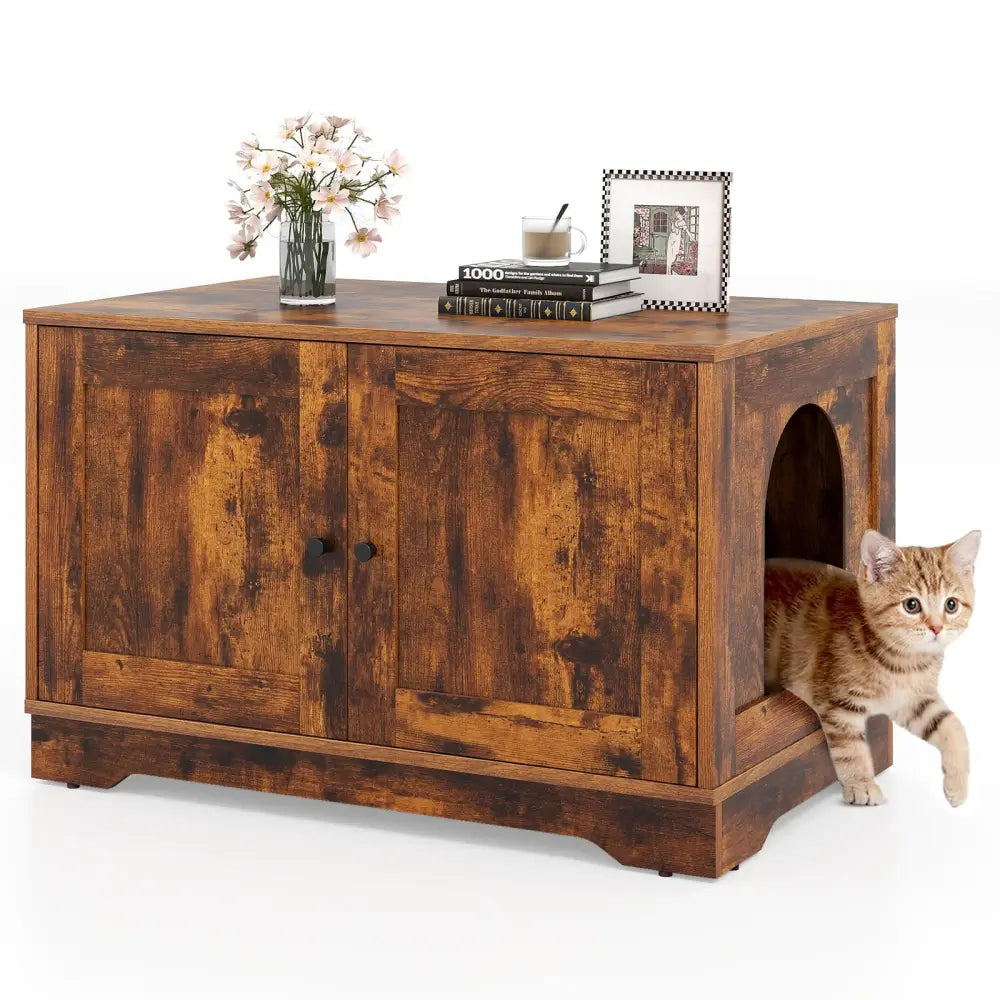 Cat Litter Box Enclosure Furniture Indoor Wooden Cat House End Side Table Nightstand-Brown - Brown - Cat Supplies