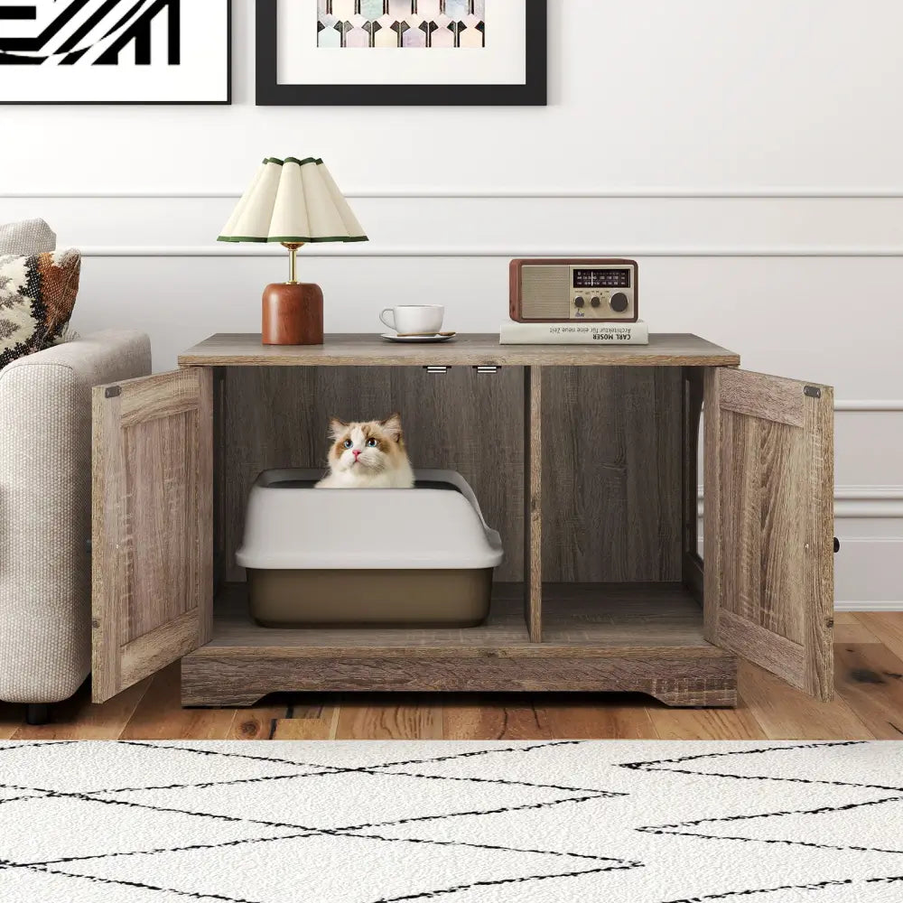 Cat Litter Box Enclosure Furniture Indoor Wooden Cat House End Side Table Nightstand-Grey - Gray - Cat Supplies