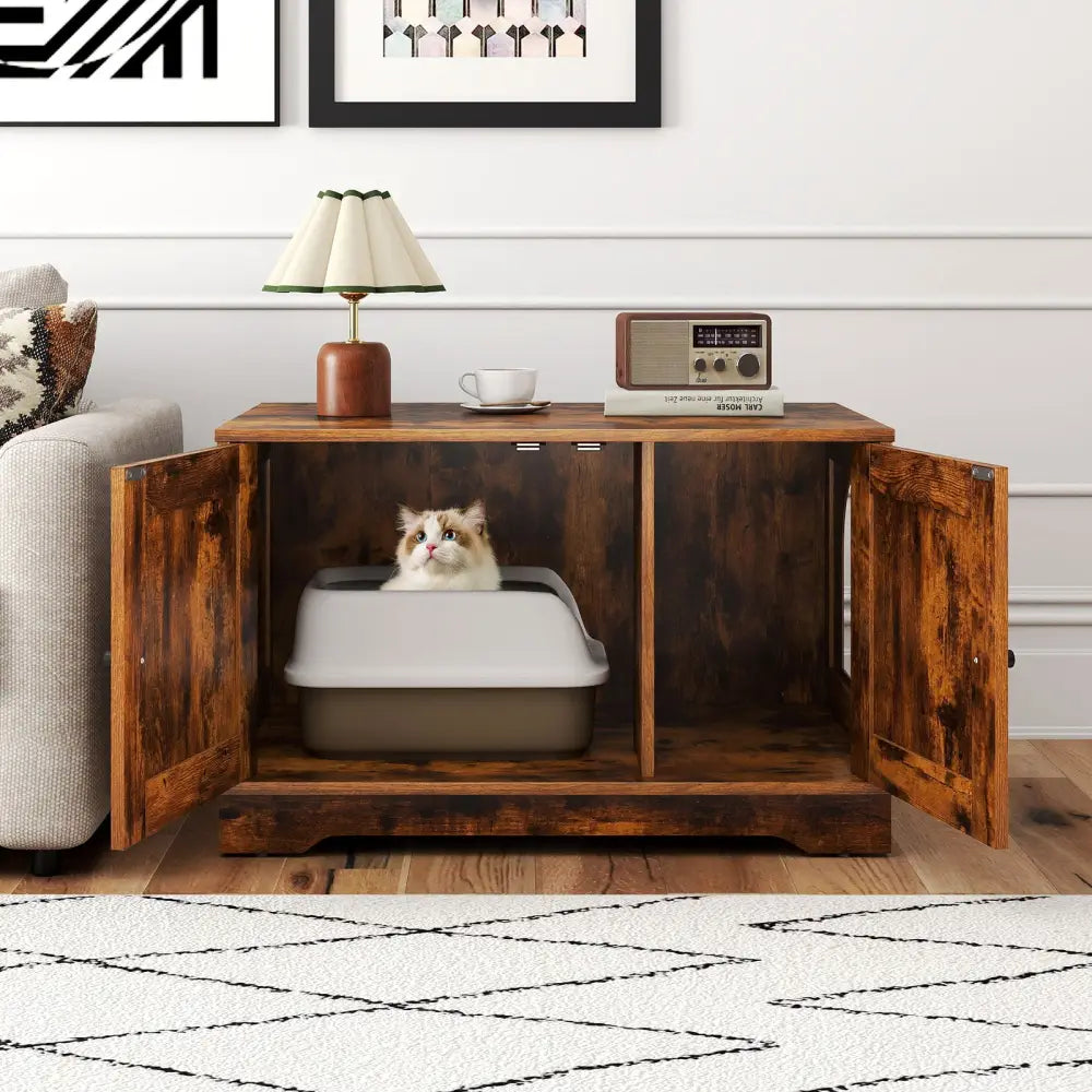 Cat Litter Box Enclosure Furniture Indoor Wooden Cat House End Side Table Nightstand-Brown - Brown - Cat Supplies