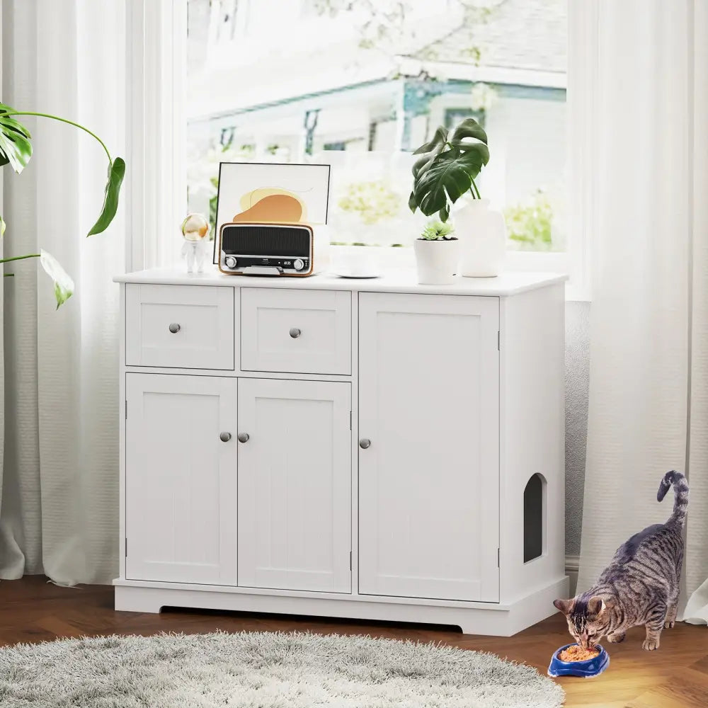 Cat Litter Box Enclosure with 2 Drawers and 3 Doors for Kittens and Adult Cats-White - White - Cat Houses