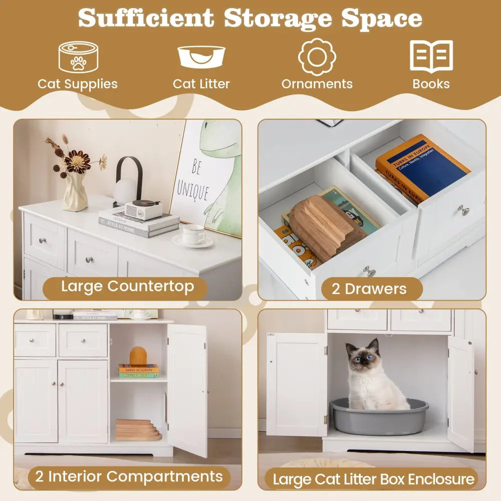 Cat Litter Box Enclosure with 2 Drawers and 3 Doors for Kittens and Adult Cats-White - White - Cat Houses