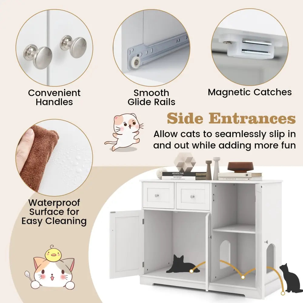 Cat Litter Box Enclosure with 2 Drawers and 3 Doors for Kittens and Adult Cats-White - White - Cat Houses