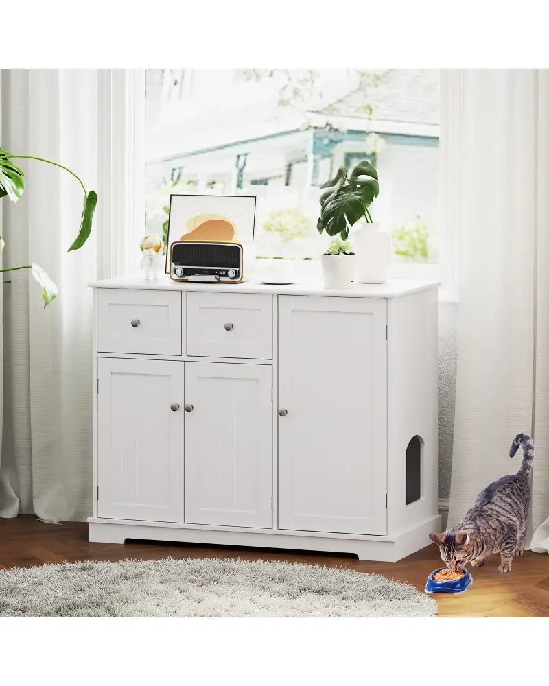 Cat Litter Box Enclosure with 2 Drawers and 3 Doors for Kittens and Adult Cats-White - White - Cat Houses