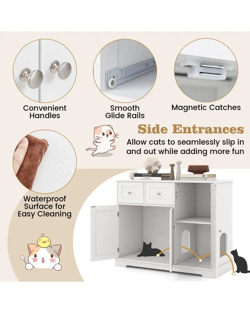 Cat Litter Box Enclosure with 2 Drawers and 3 Doors for Kittens and Adult Cats-White - White - Cat Houses