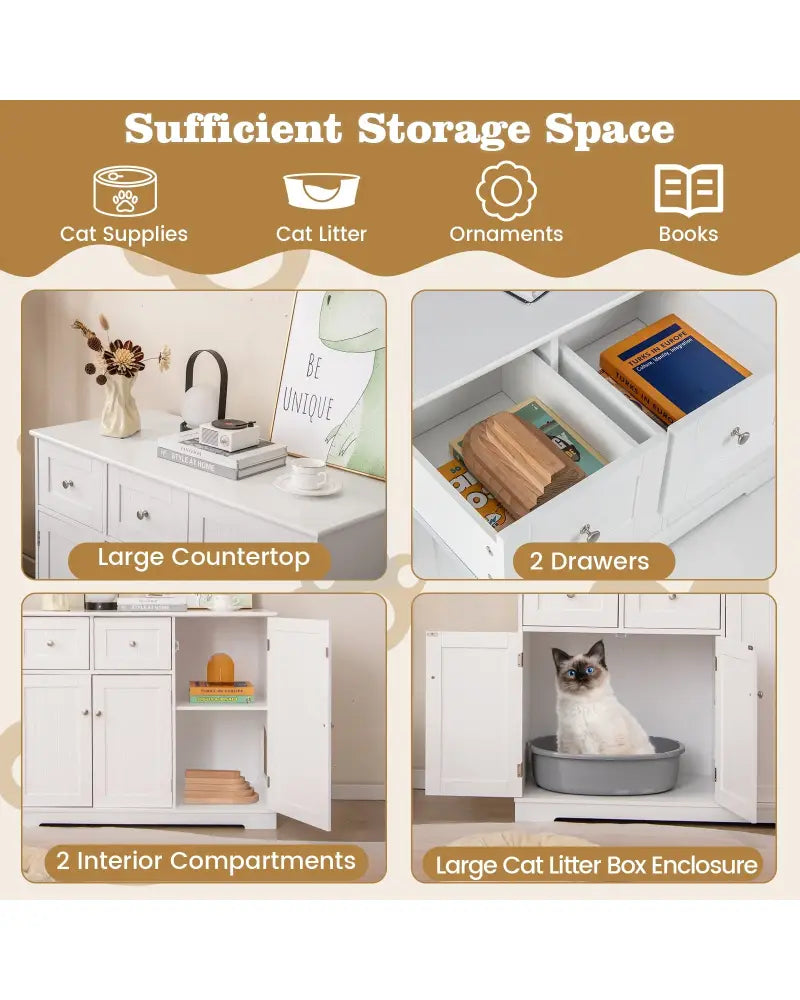 Cat Litter Box Enclosure with 2 Drawers and 3 Doors for Kittens and Adult Cats-White - White - Cat Houses