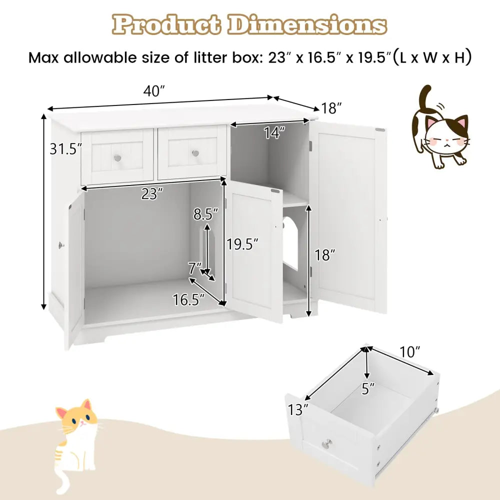 Cat Litter Box Enclosure with 2 Drawers and 3 Doors for Kittens and Adult Cats-White - White - Cat Houses