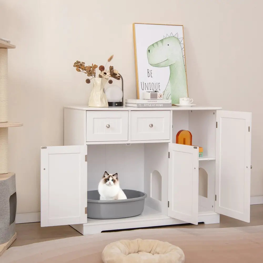 Cat Litter Box Enclosure with 2 Drawers and 3 Doors for Kittens and Adult Cats-White - White - Cat Houses