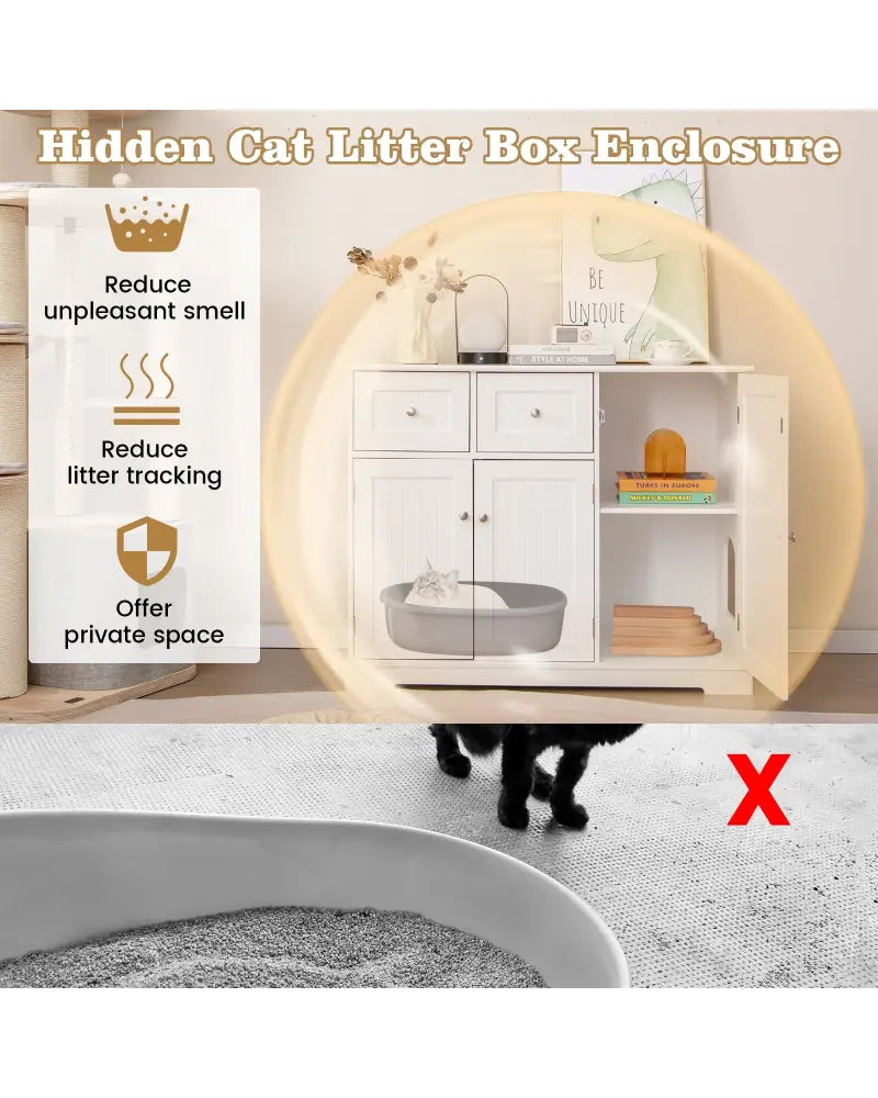 Cat Litter Box Enclosure with 2 Drawers and 3 Doors for Kittens and Adult Cats-White - White - Cat Houses