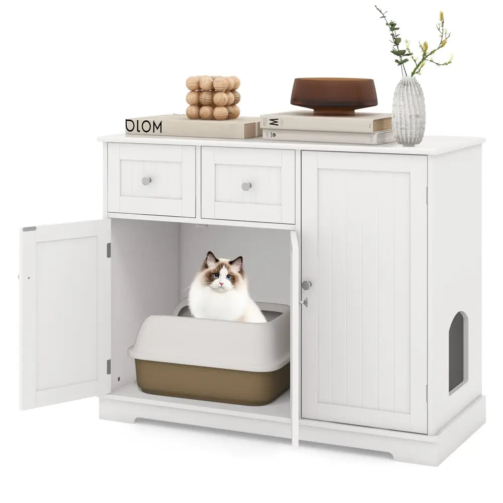 Cat Litter Box Enclosure with 2 Drawers and 3 Doors for Kittens and Adult Cats-White - White - Cat Houses