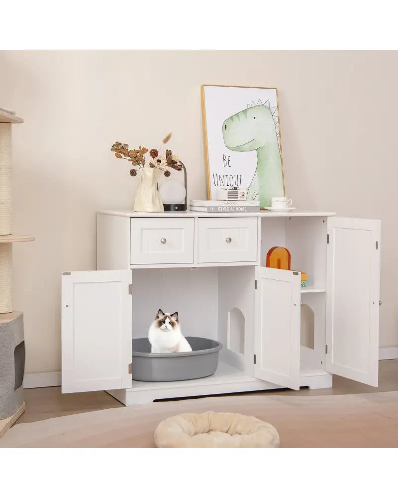 Cat Litter Box Enclosure with 2 Drawers and 3 Doors for Kittens and Adult Cats-White - White - Cat Houses