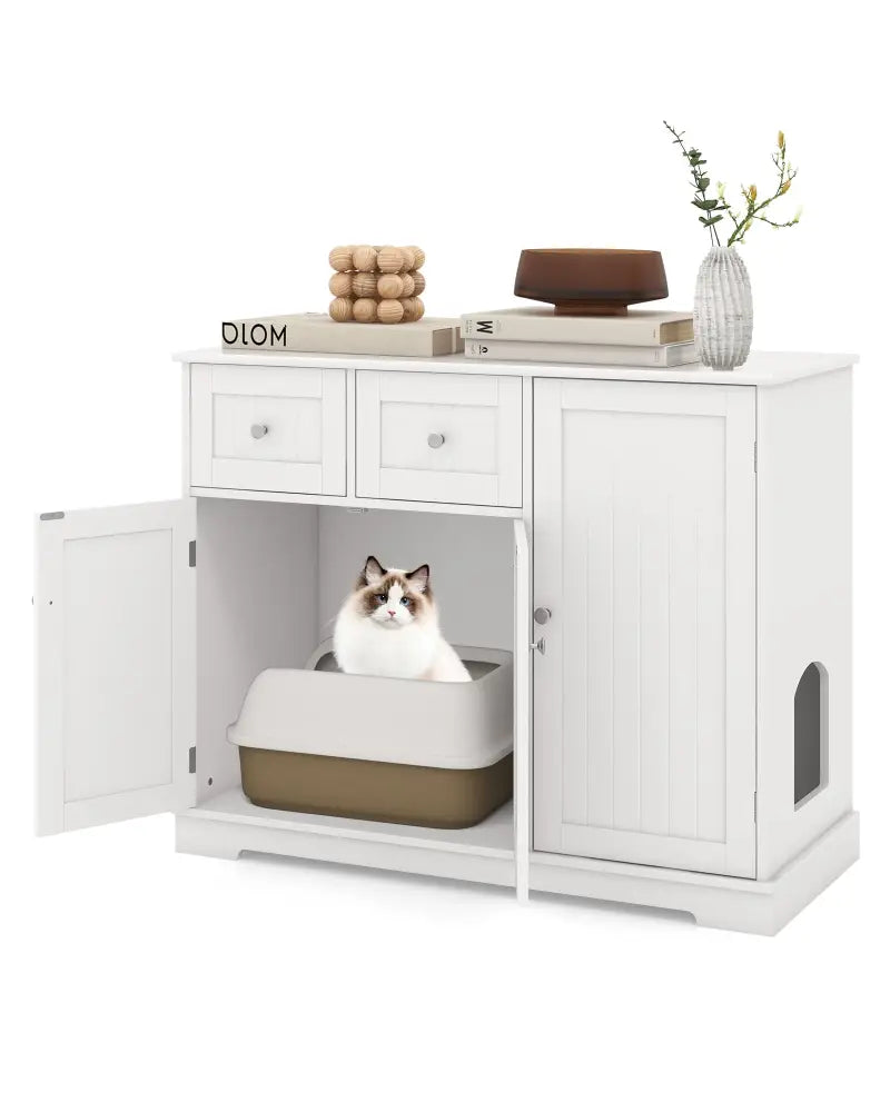 Cat Litter Box Enclosure with 2 Drawers and 3 Doors for Kittens and Adult Cats-White - White - Cat Houses