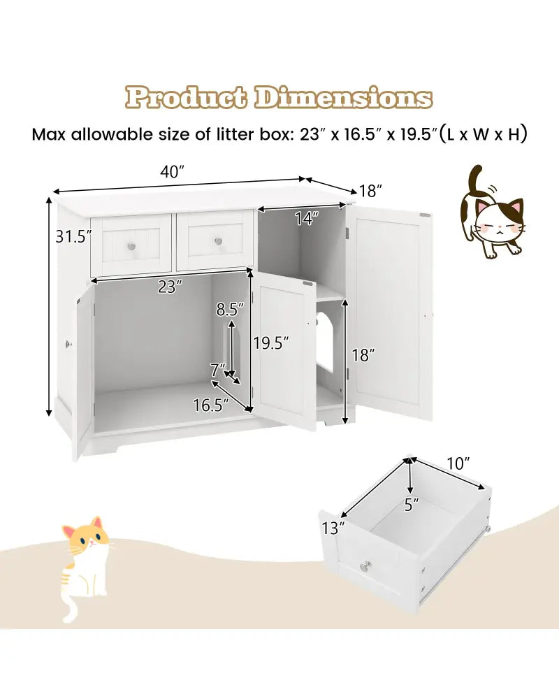 Cat Litter Box Enclosure with 2 Drawers and 3 Doors for Kittens and Adult Cats-White - White - Cat Houses