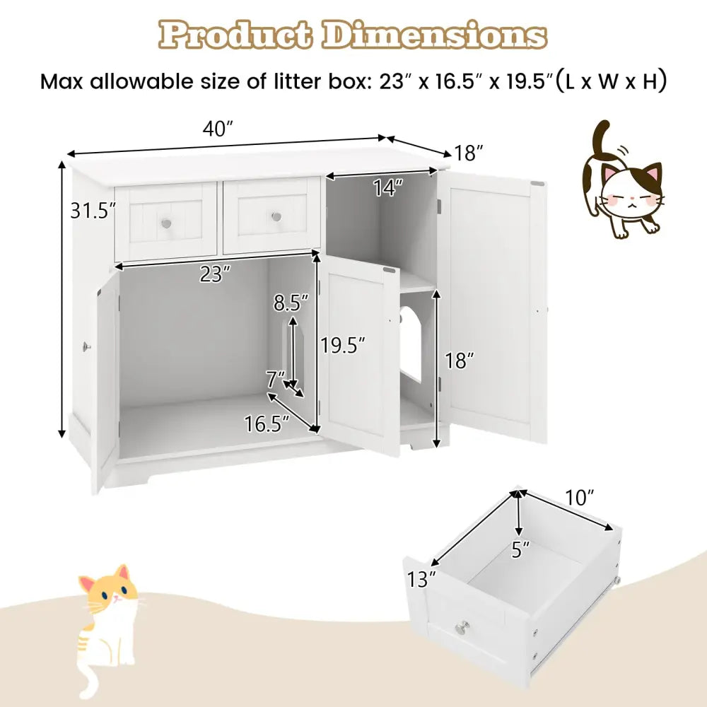 Cat Litter Box Enclosure with 2 Drawers and 3 Doors for Kittens and Adult Cats-White - White - Cat Houses