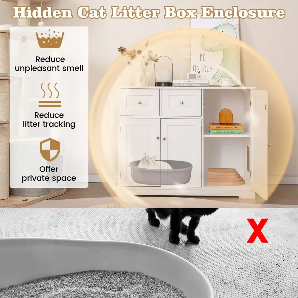 Cat Litter Box Enclosure with 2 Drawers and 3 Doors for Kittens and Adult Cats-White - White - Cat Houses