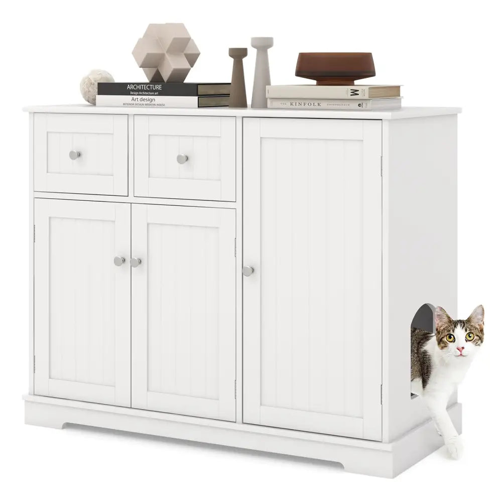 Cat Litter Box Enclosure with 2 Drawers and 3 Doors for Kittens and Adult Cats-White - White - Cat Houses