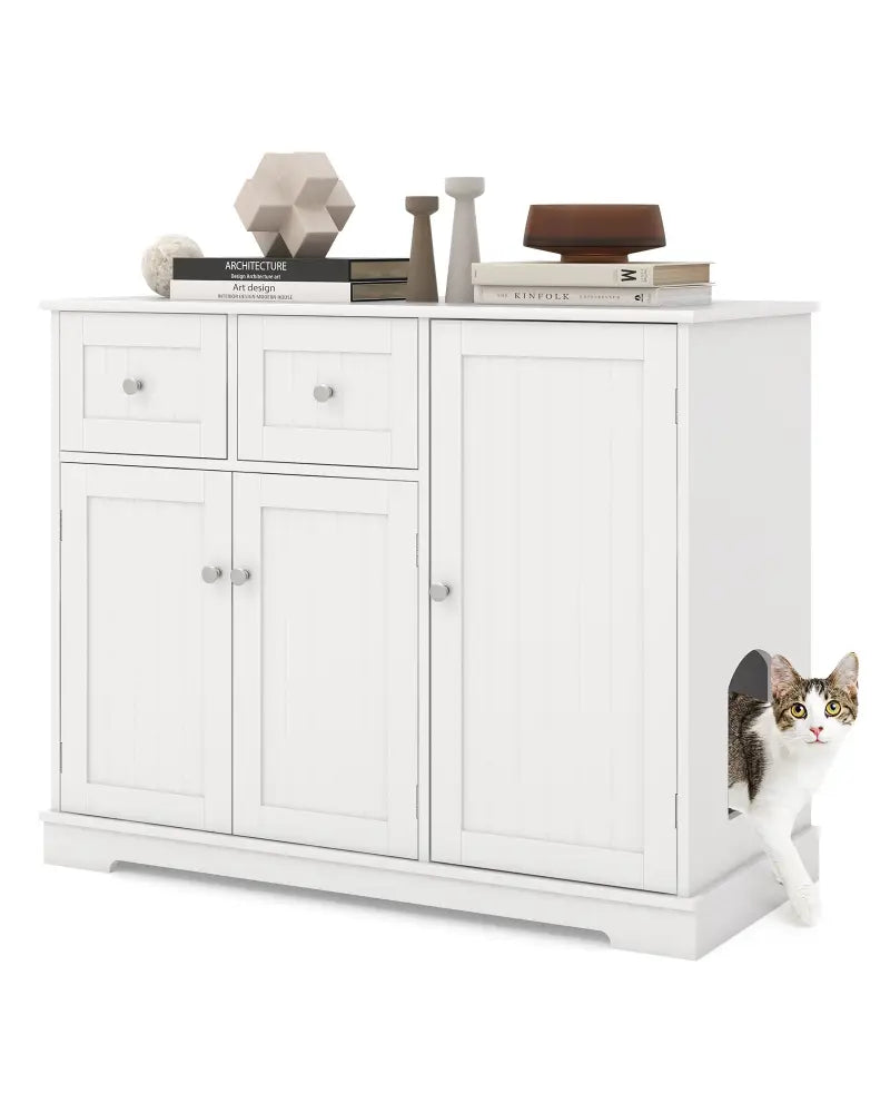 Cat Litter Box Enclosure with 2 Drawers and 3 Doors for Kittens and Adult Cats-White - White - Cat Houses