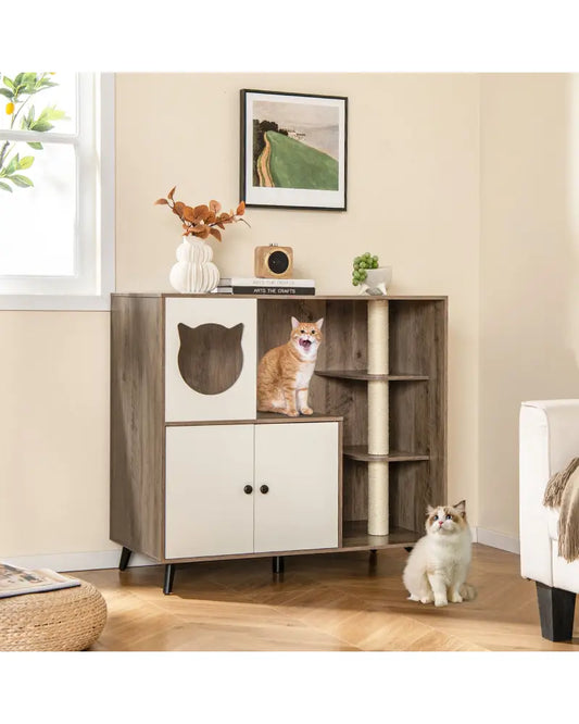 Cat Litter Box Enclosure with 3 Sisal Scratching Posts for Indoor Cats-Natural - Natural - Cat Houses