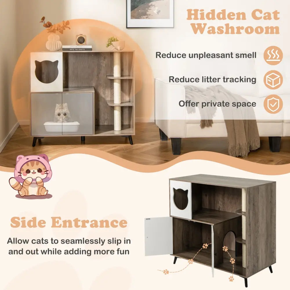 Cat Litter Box Enclosure with 3 Sisal Scratching Posts for Indoor Cats-Natural - Natural - Cat Houses