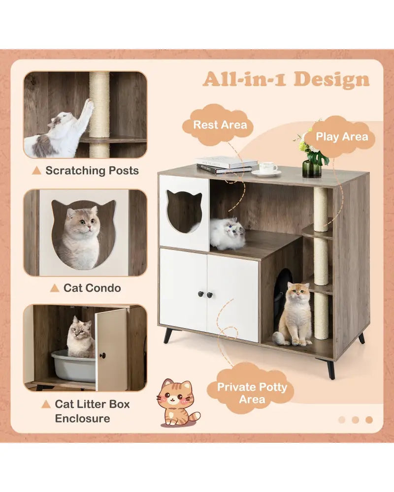 Cat Litter Box Enclosure with 3 Sisal Scratching Posts for Indoor Cats-Natural - Natural - Cat Houses