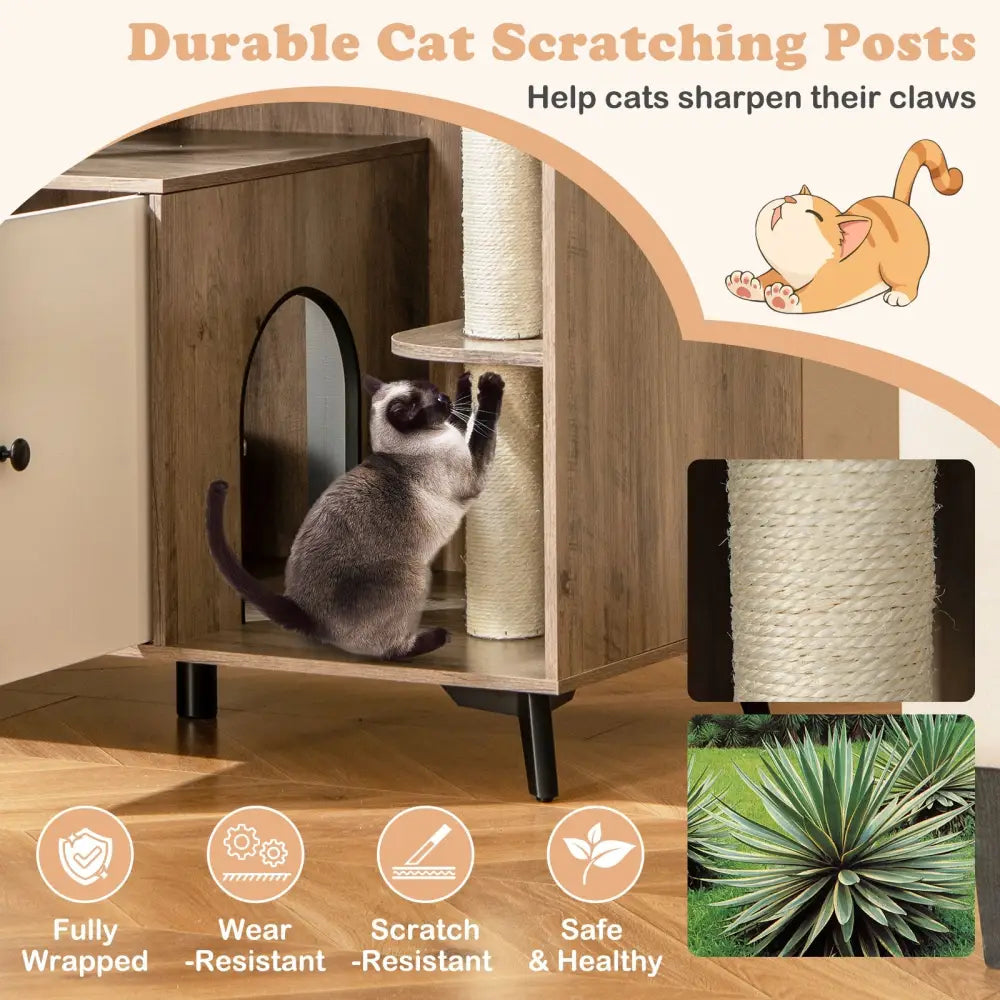 Cat Litter Box Enclosure with 3 Sisal Scratching Posts for Indoor Cats-Natural - Natural - Cat Houses