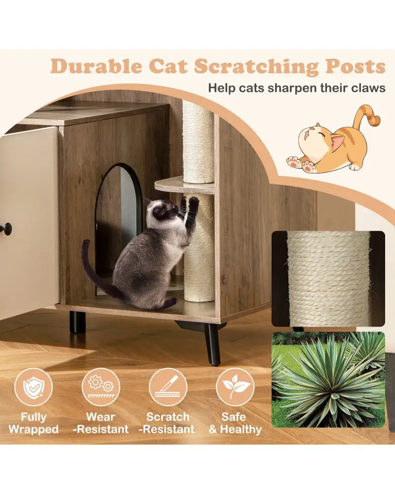 Cat Litter Box Enclosure with 3 Sisal Scratching Posts for Indoor Cats-Natural - Natural - Cat Houses