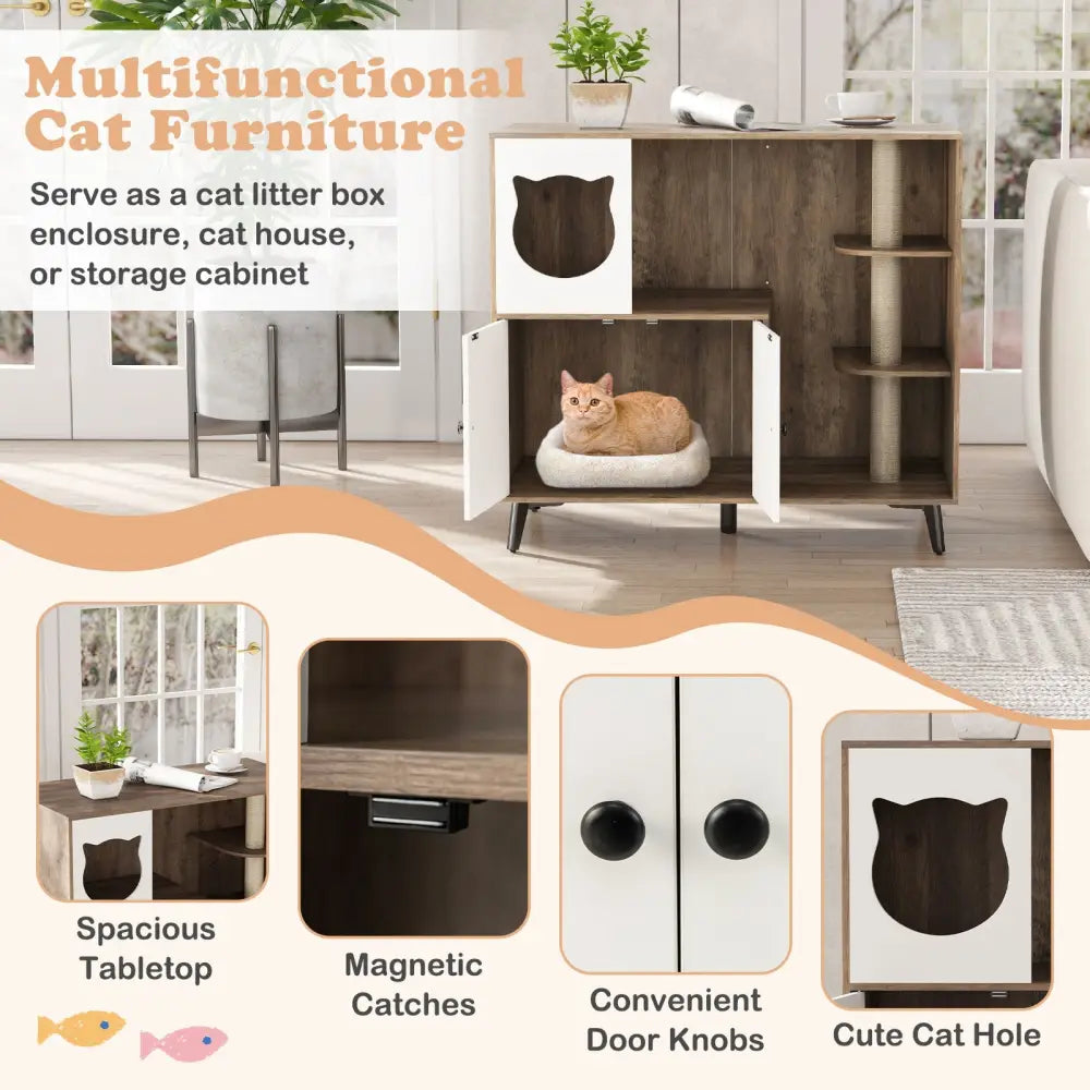 Cat Litter Box Enclosure with 3 Sisal Scratching Posts for Indoor Cats-Natural - Natural - Cat Houses