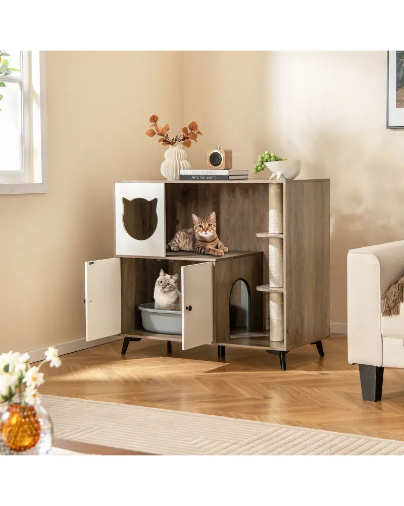 Cat Litter Box Enclosure with 3 Sisal Scratching Posts for Indoor Cats-Natural - Natural - Cat Houses