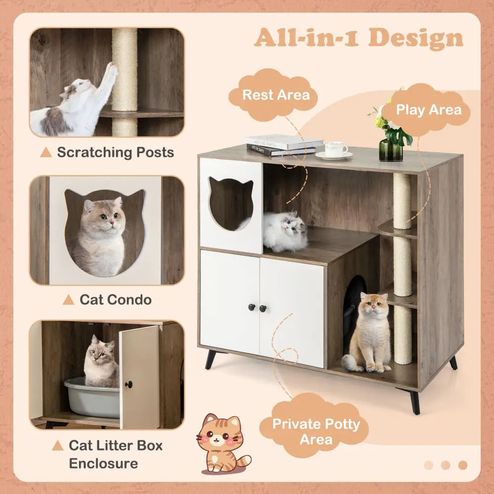 Cat Litter Box Enclosure with 3 Sisal Scratching Posts for Indoor Cats-Natural - Natural - Cat Houses