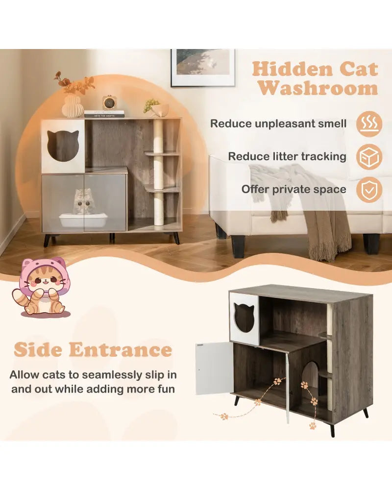 Cat Litter Box Enclosure with 3 Sisal Scratching Posts for Indoor Cats-Natural - Natural - Cat Houses