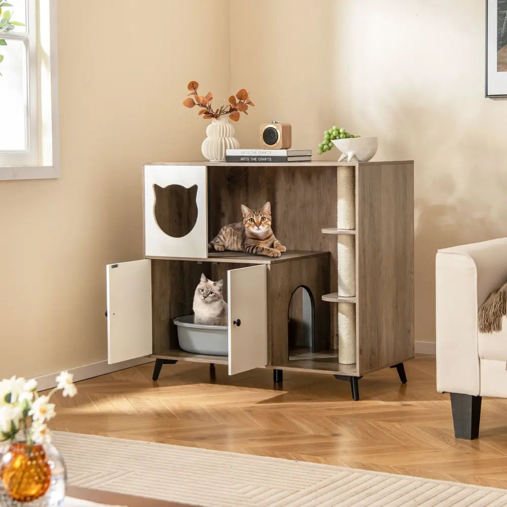 Cat Litter Box Enclosure with 3 Sisal Scratching Posts for Indoor Cats-Natural - Natural - Cat Houses