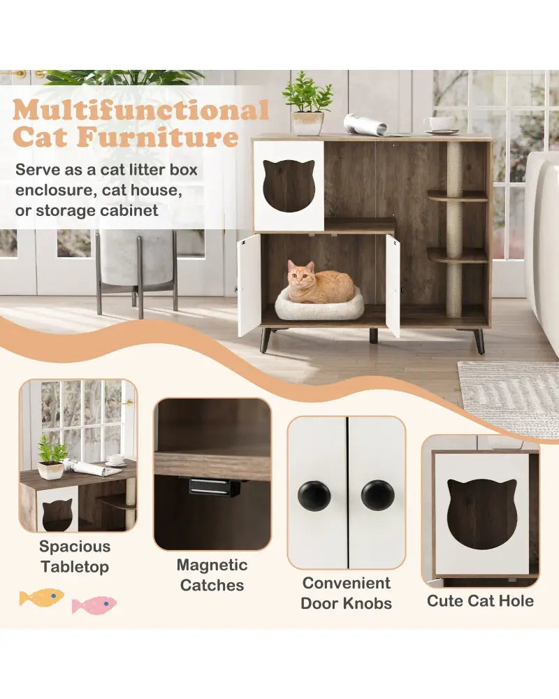 Cat Litter Box Enclosure with 3 Sisal Scratching Posts for Indoor Cats-Natural - Natural - Cat Houses