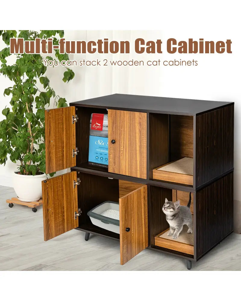 Cat Litter Box Enclosure with Divider and Double Doors-Brown - Brown - Cat Houses