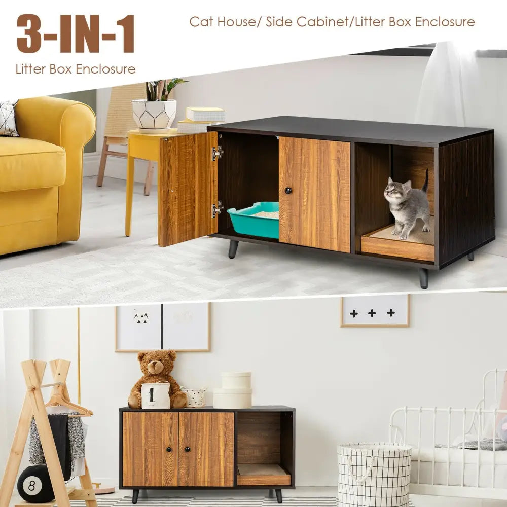 Cat Litter Box Enclosure with Divider and Double Doors-Brown - Brown - Cat Houses