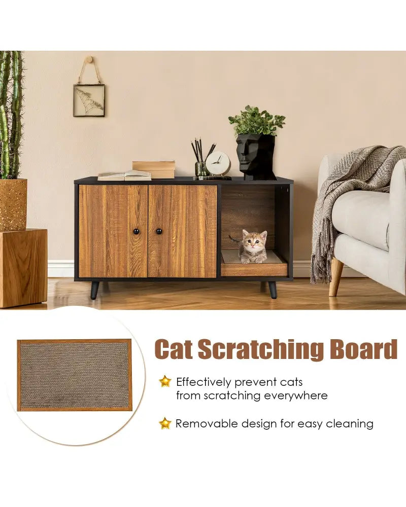 Cat Litter Box Enclosure with Divider and Double Doors-Brown - Brown - Cat Houses
