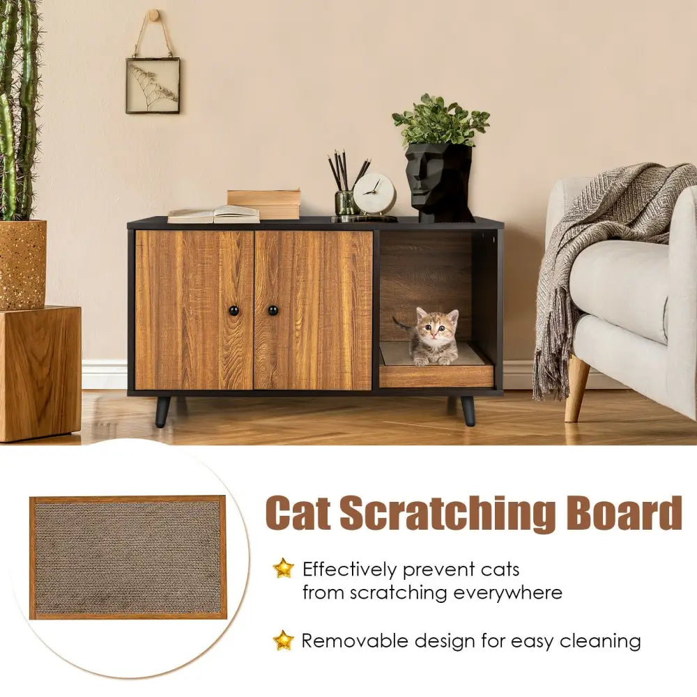 Cat Litter Box Enclosure with Divider and Double Doors-Brown - Brown - Cat Houses