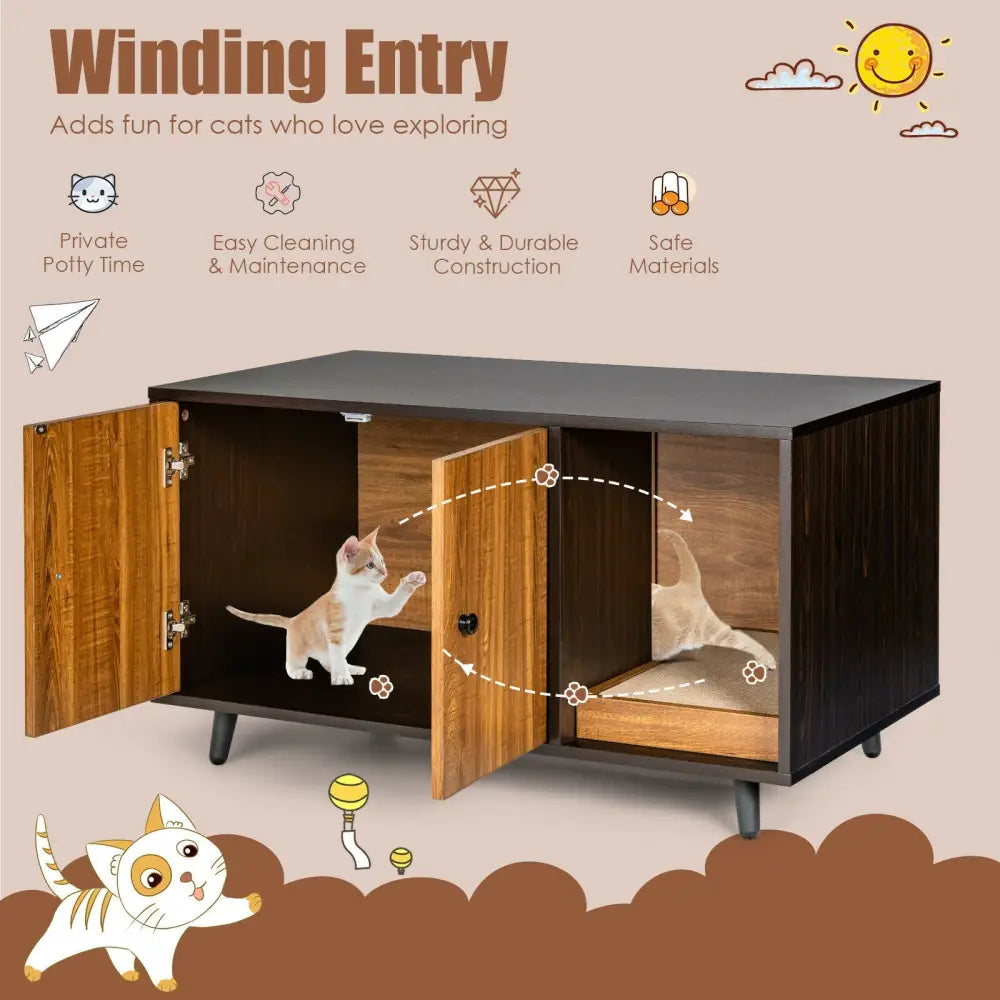 Cat Litter Box Enclosure with Divider and Double Doors-Brown - Brown - Cat Houses