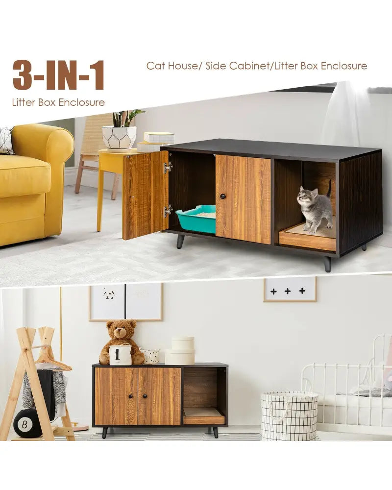 Cat Litter Box Enclosure with Divider and Double Doors-Brown - Brown - Cat Houses