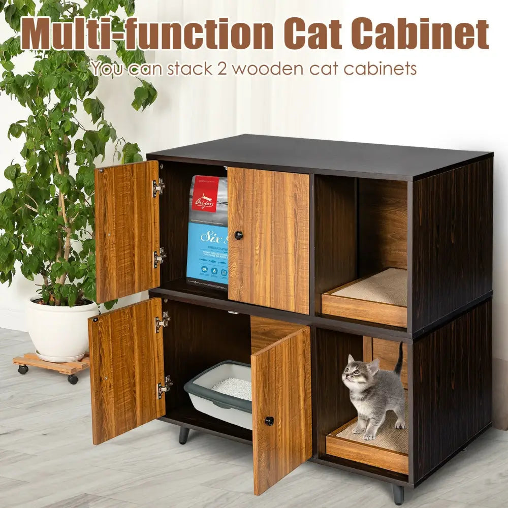Cat Litter Box Enclosure with Divider and Double Doors-Brown - Brown - Cat Houses