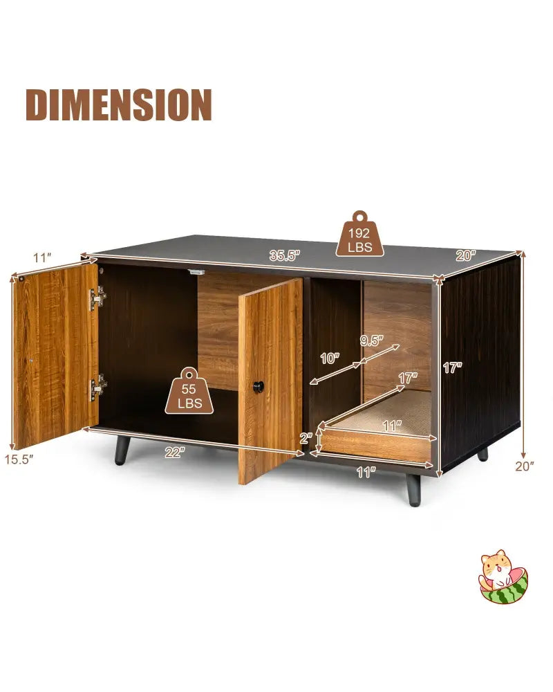 Cat Litter Box Enclosure with Divider and Double Doors-Brown - Brown - Cat Houses