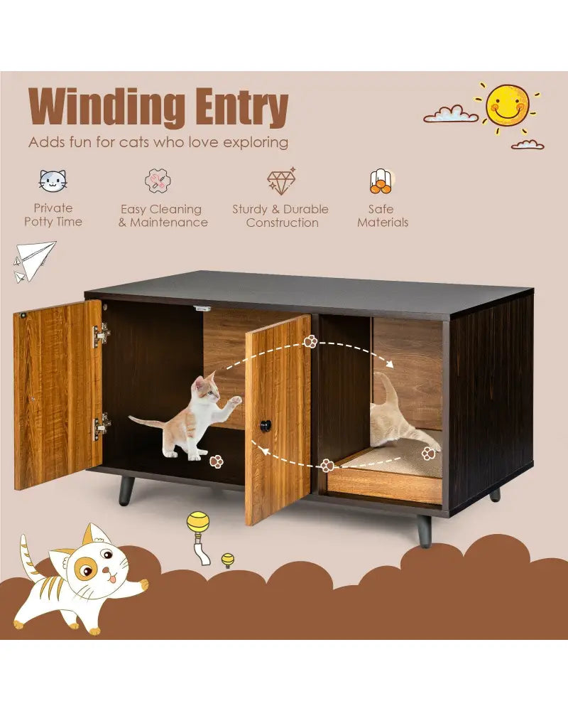 Cat Litter Box Enclosure with Divider and Double Doors-Brown - Brown - Cat Houses