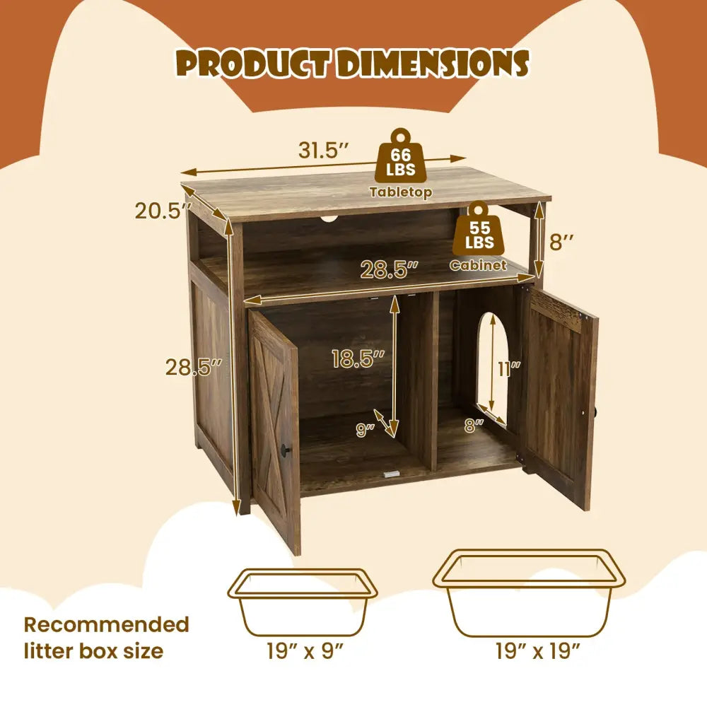 Cat Litter Box Enclosure with Double Barn Doors Divider Side Entry and Storage Shelf - Oak - Cat Houses