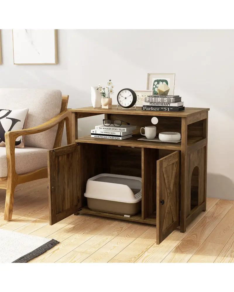 Cat Litter Box Enclosure with Double Barn Doors Divider Side Entry and Storage Shelf - Oak - Cat Houses