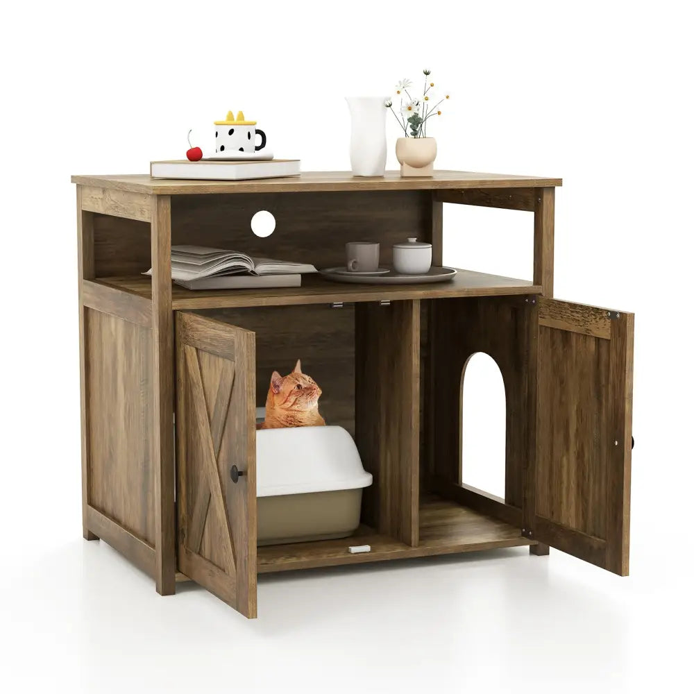 Cat Litter Box Enclosure with Double Barn Doors Divider Side Entry and Storage Shelf - Oak - Cat Houses