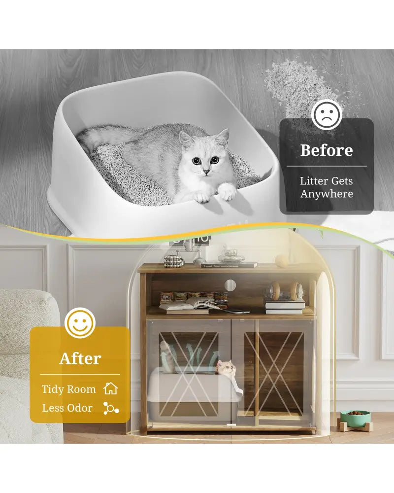Cat Litter Box Enclosure with Double Barn Doors Divider Side Entry and Storage Shelf - Oak - Cat Houses