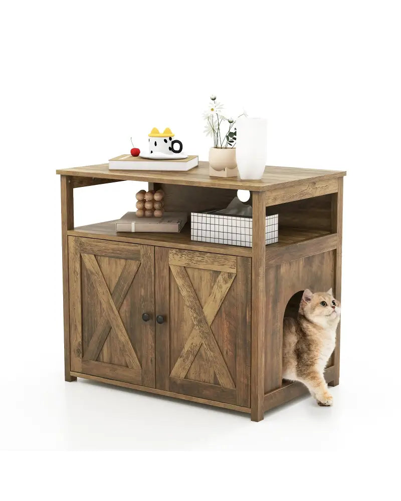 Cat Litter Box Enclosure with Double Barn Doors Divider Side Entry and Storage Shelf - Oak - Cat Houses