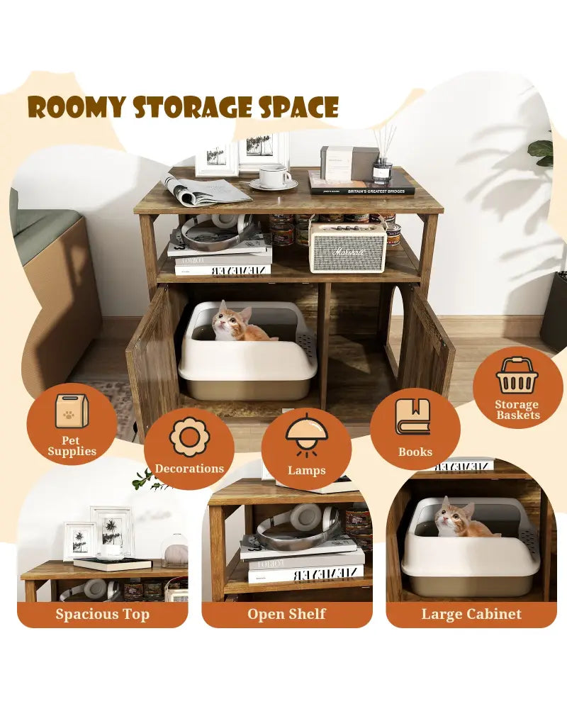 Cat Litter Box Enclosure with Double Barn Doors Divider Side Entry and Storage Shelf - Oak - Cat Houses