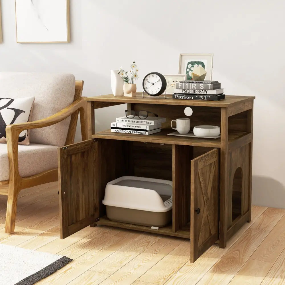 Cat Litter Box Enclosure with Double Barn Doors Divider Side Entry and Storage Shelf - Oak - Cat Houses