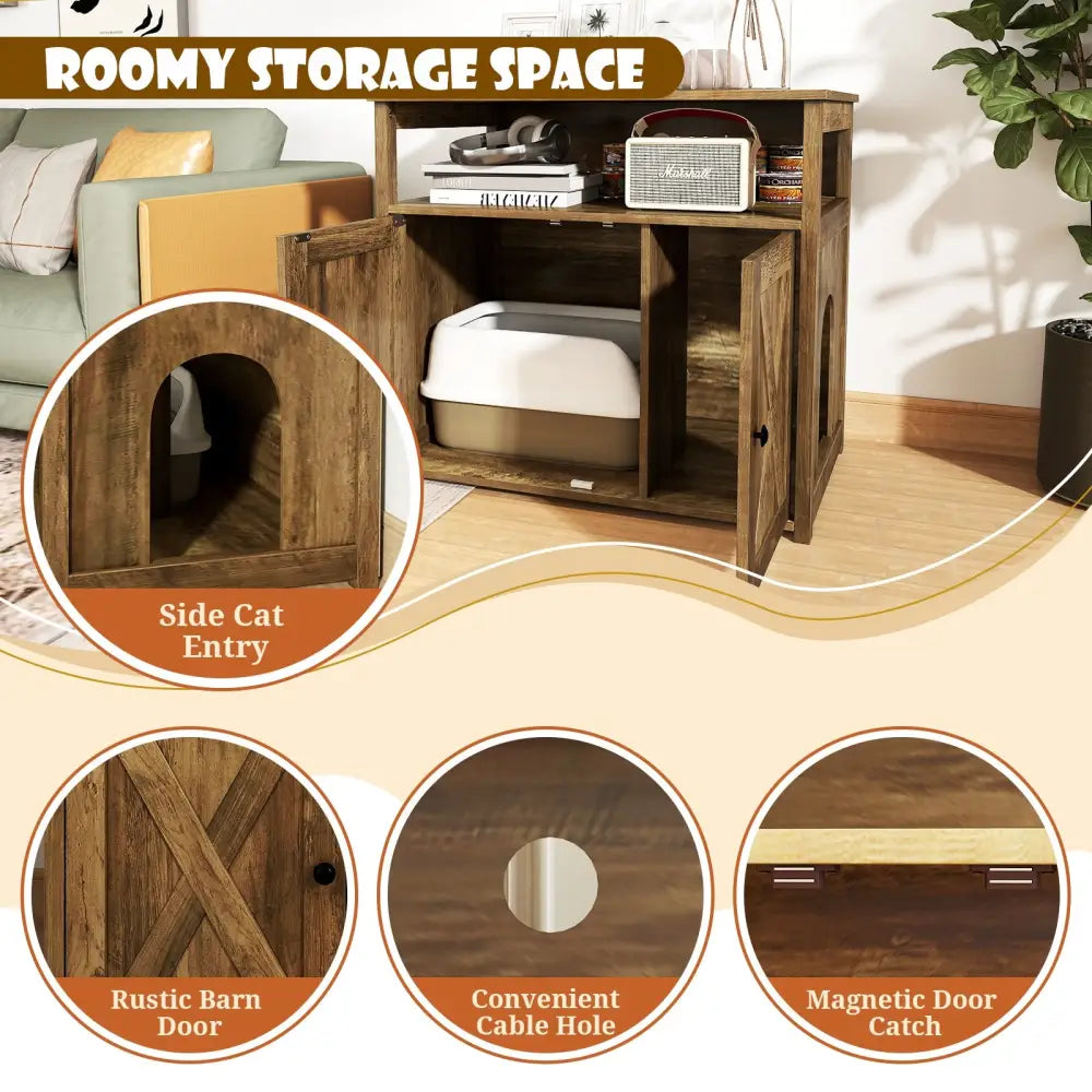 Cat Litter Box Enclosure with Double Barn Doors Divider Side Entry and Storage Shelf - Oak - Cat Houses