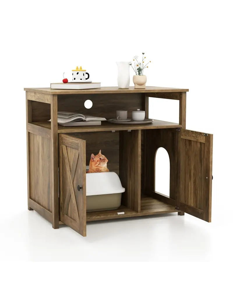 Cat Litter Box Enclosure with Double Barn Doors Divider Side Entry and Storage Shelf - Oak - Cat Houses