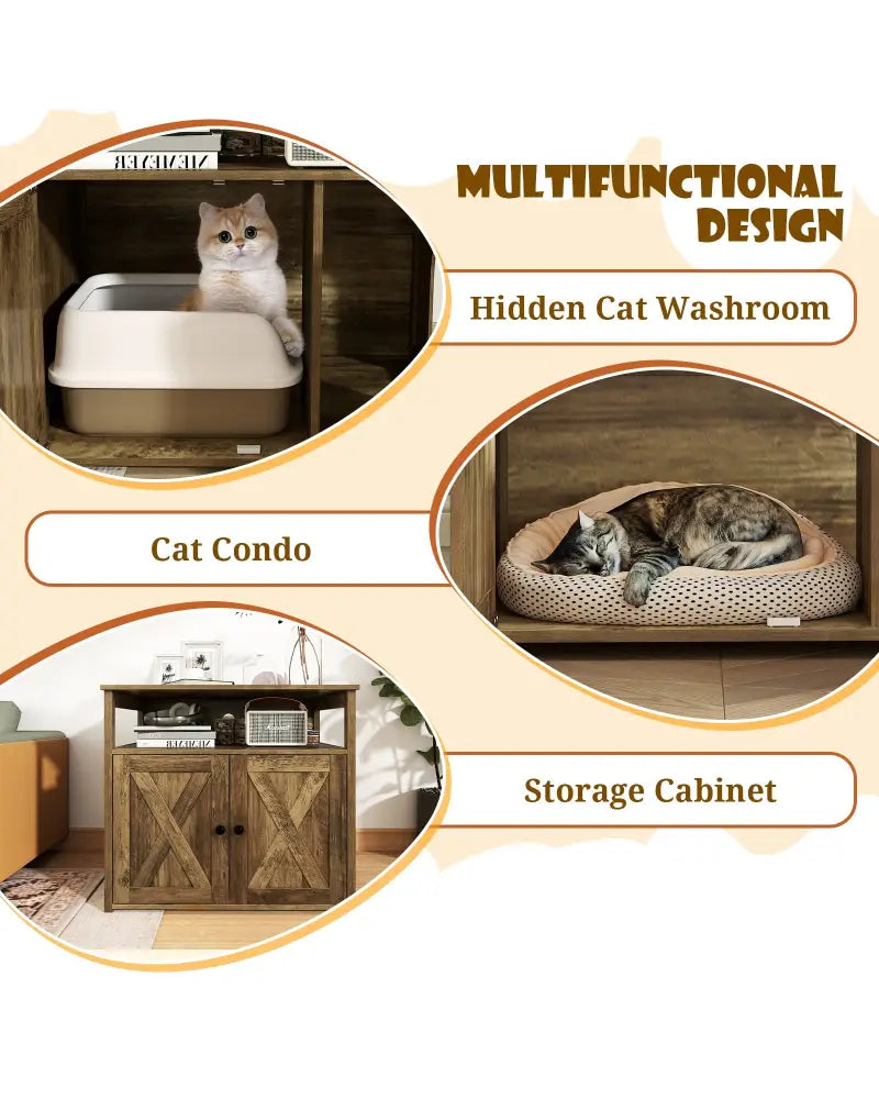 Cat Litter Box Enclosure with Double Barn Doors Divider Side Entry and Storage Shelf - Oak - Cat Houses